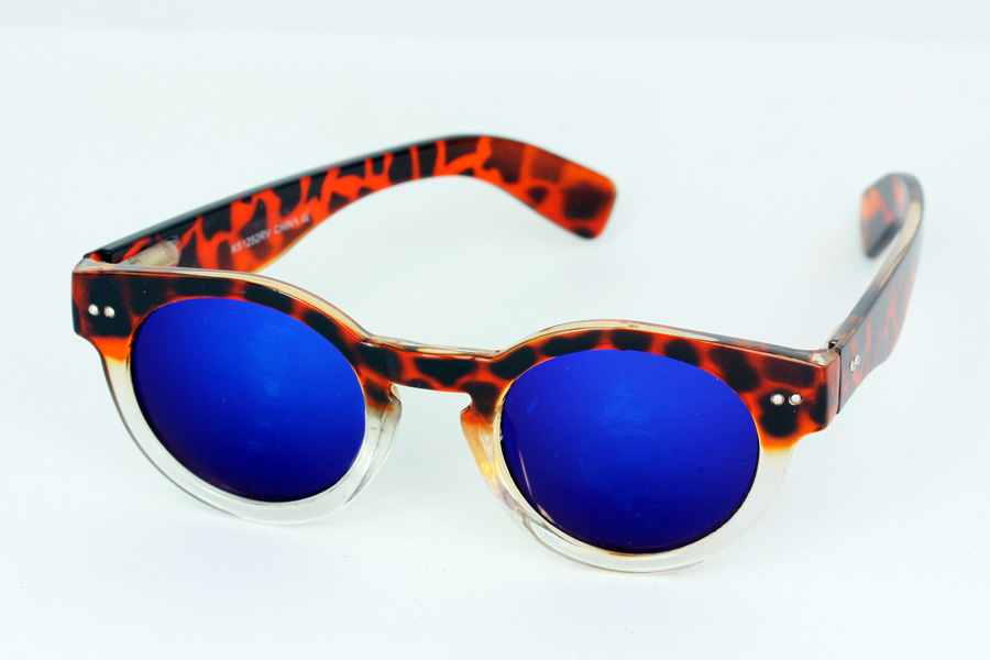 Round tortoiseshell sunglasses with blue mirror lenses