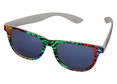Wayfarer sunglasses in coloured animal print design and blue mirrored lenses