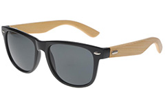 Black wayfarer sunglasses with handmade bamboo arms. 