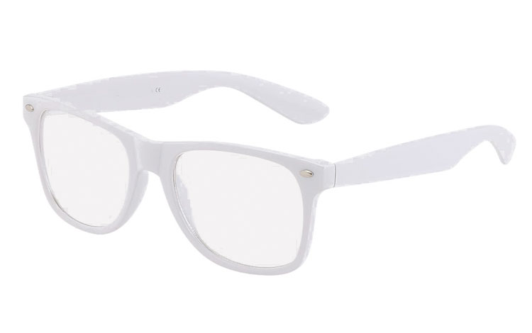 White glasses with clear lenses, wayfarer design