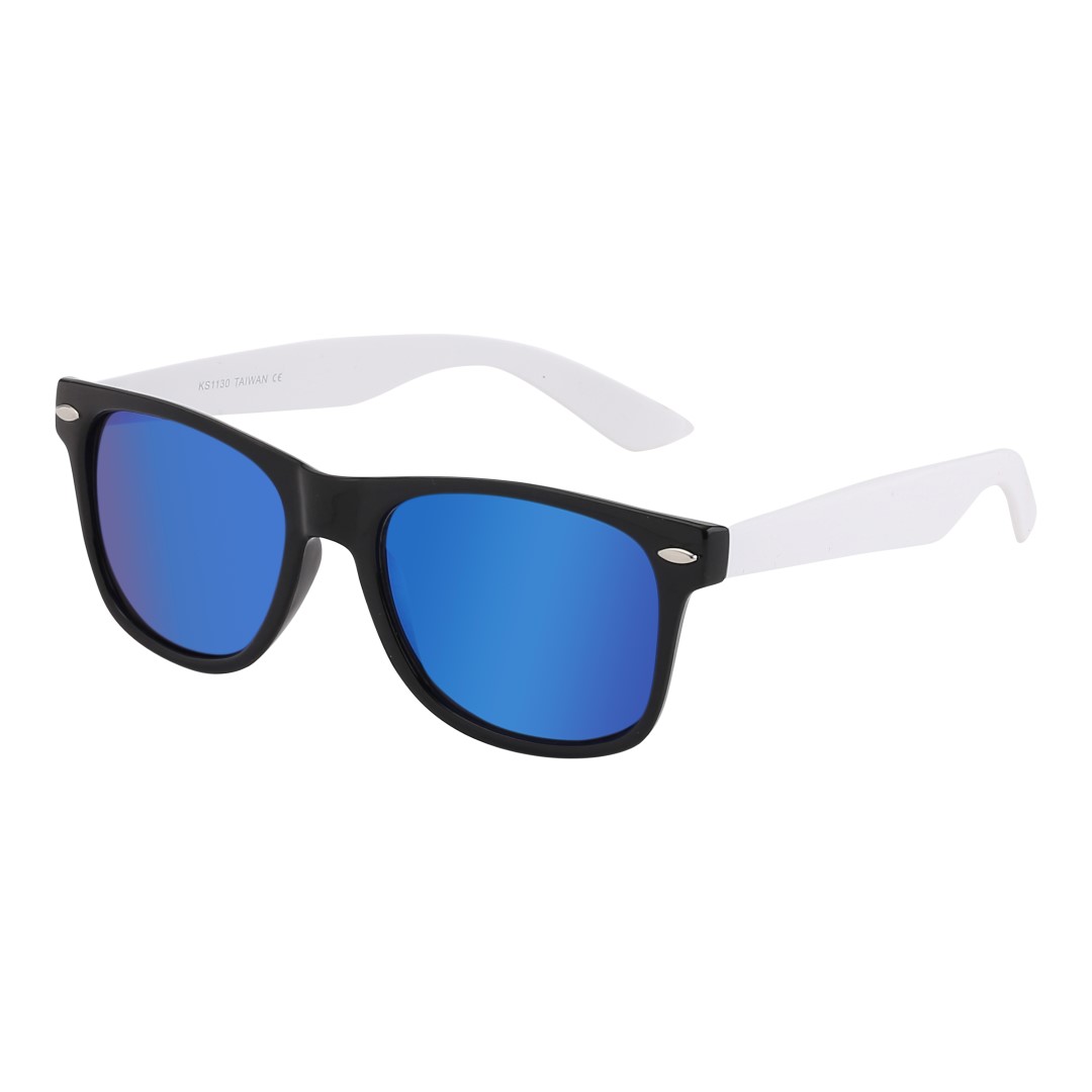 Black wayfarers with white arms and multicoloured glass