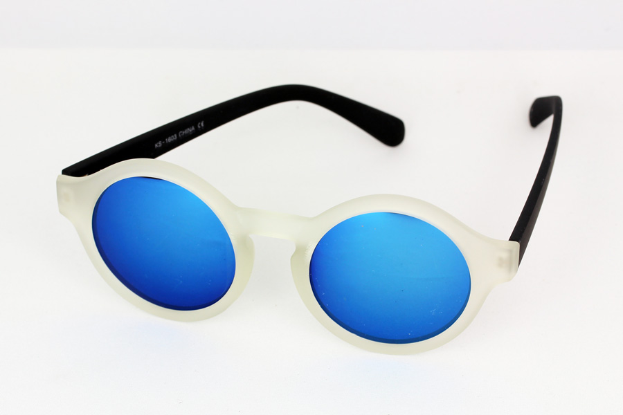 Clear matte sunglasses with blue mirror lenses