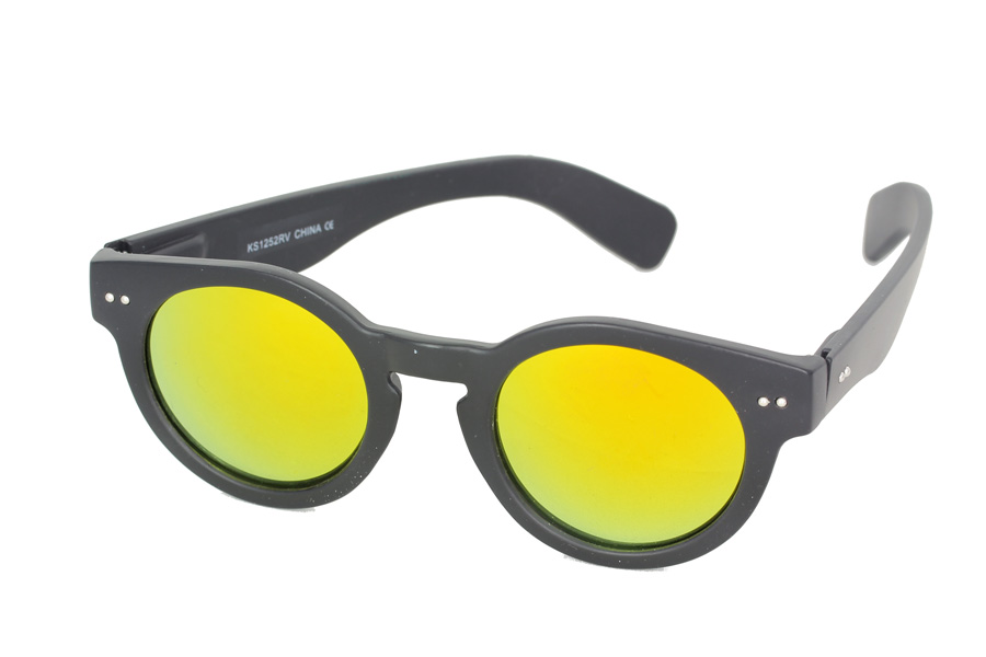 Matte black round sunglasses with yellow mirror lenses