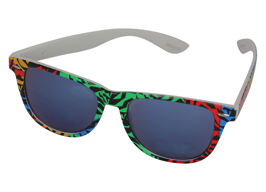 Wayfarer sunglasses in coloured animal print design and blue mirrored lenses