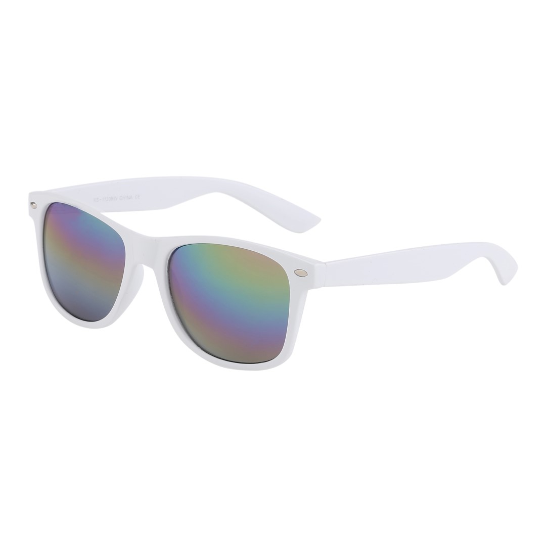 White wayfarer sunglasses with coloured mirror lenses